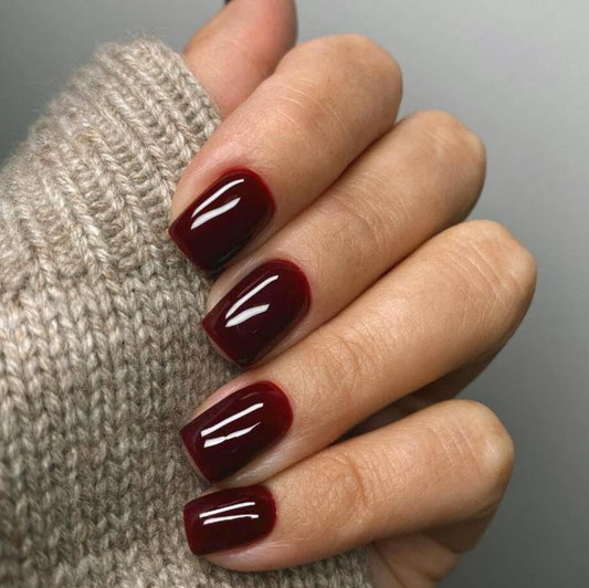 Autumn Elegance Short Square Burgundy Glossy Finish Press On Nail Set