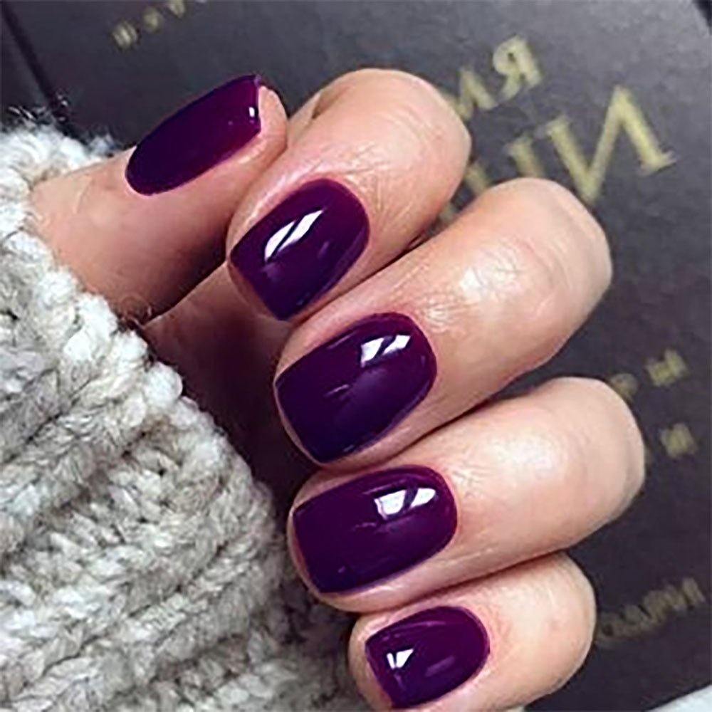 Elegant Evening Short Square Deep Purple Glossy Finish Press on Nail Set