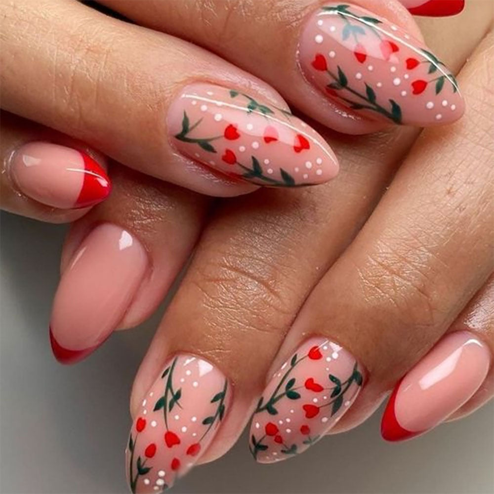 Enchanted Garden Medium Almond-shaped Pastel Pink Press-on Nails with Red Floral Accents