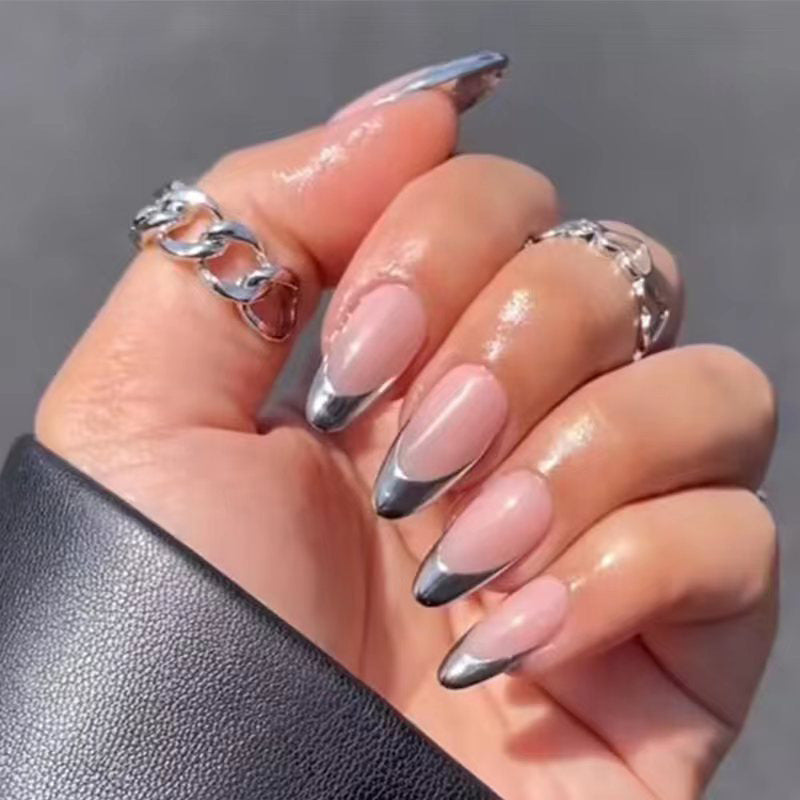 Elegant Ombre Almond Long Pink and Silver Press On Nail Set with Chrome Tips