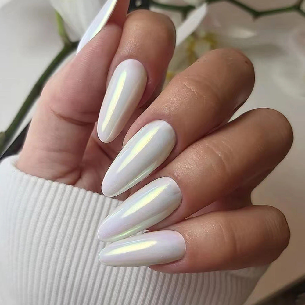 Enchanted Iridescent Unicorn Long Almond White Press On Nails with Opalescent Sheen Finish