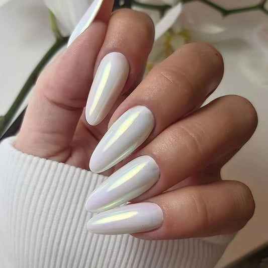 Enchanted Iridescent Unicorn Long Almond White Press On Nails with Opalescent Sheen Finish