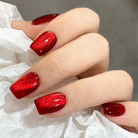 Enchanted Evening Medium Square Ruby Red Glittering Press On Nail Set