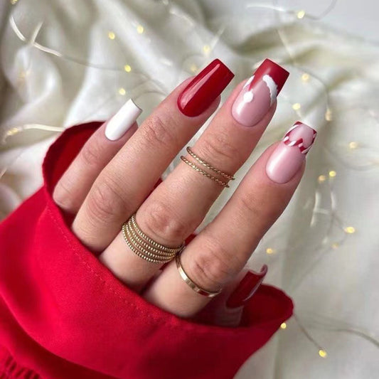 Valentine's Affair Long Square Shape Red and Pink Ombre Press On Nail Set with Heart Accents