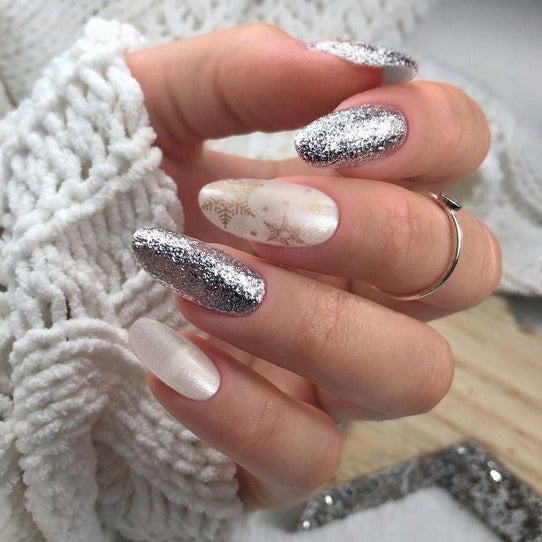 Winter Elegance Long Oval Silver Glitter Press On Nail Set with Snowflake Accents