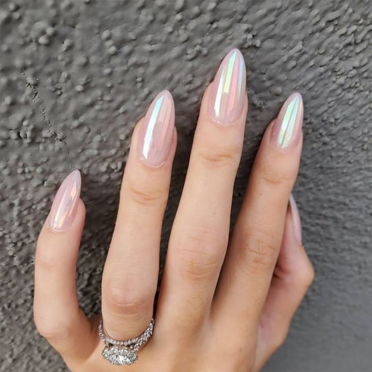 Unicorn Glow Long Almond Iridescent Pink Holographic Press On Nail Set