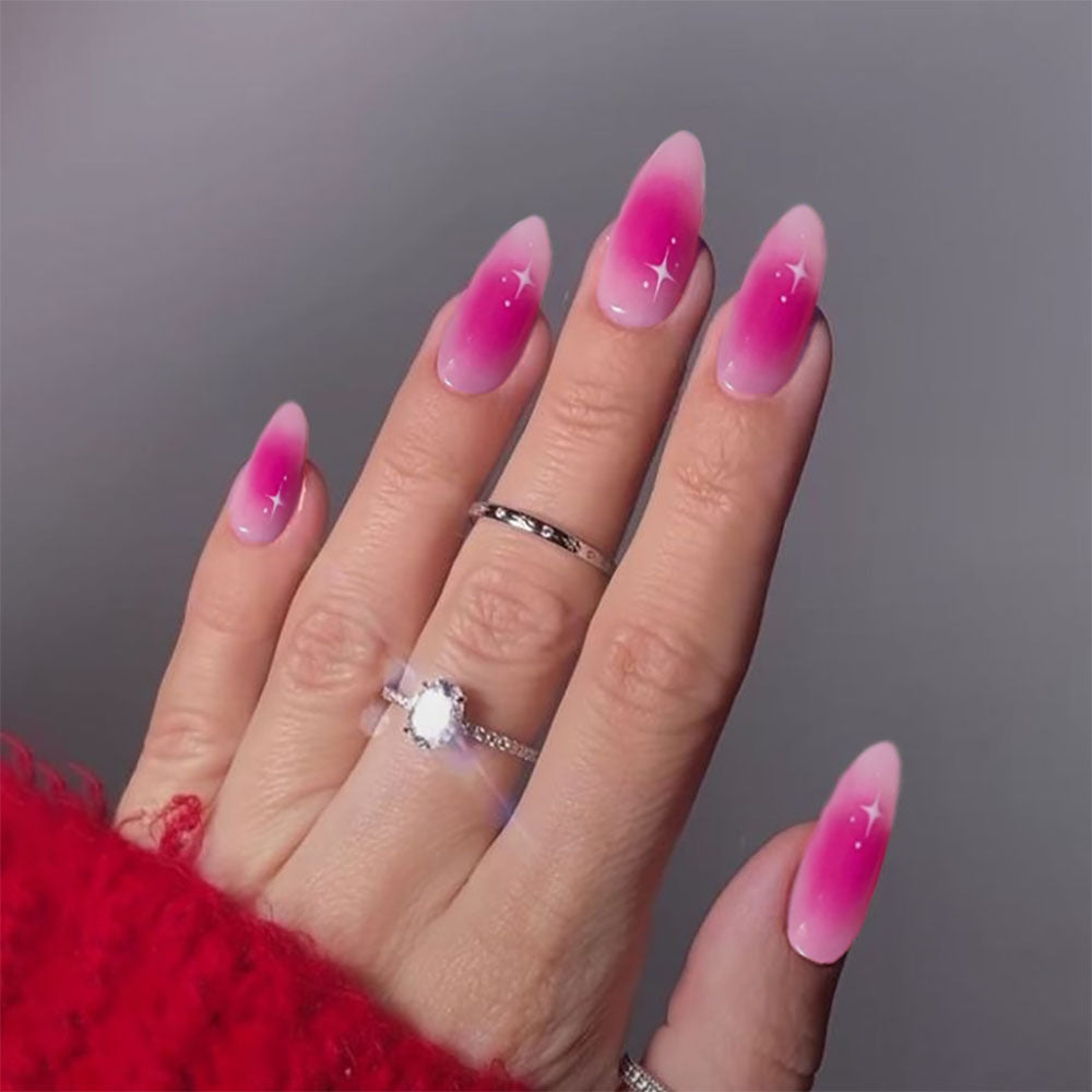 Elegant Ombre Fantasy Long Almond Pink Press On Nail Set with Star Accents