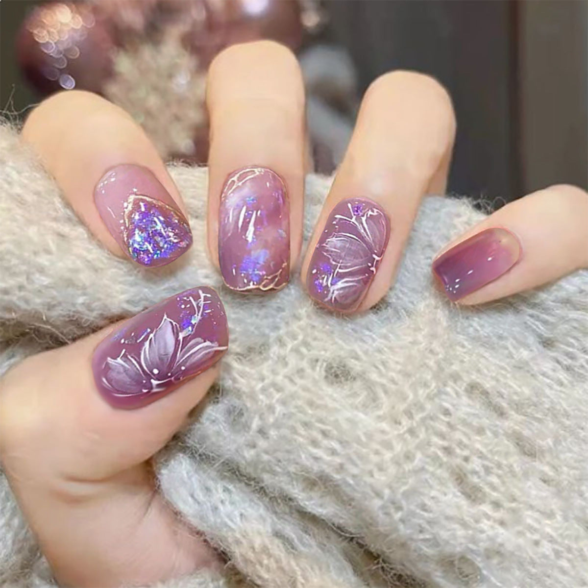 Enchanted Garden Medium-Length Squoval-Shaped Lavender Press On Nail Set with Iridescent Glitter Accents