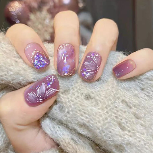 Enchanted Garden Medium-Length Squoval-Shaped Lavender Press On Nail Set with Iridescent Glitter Accents