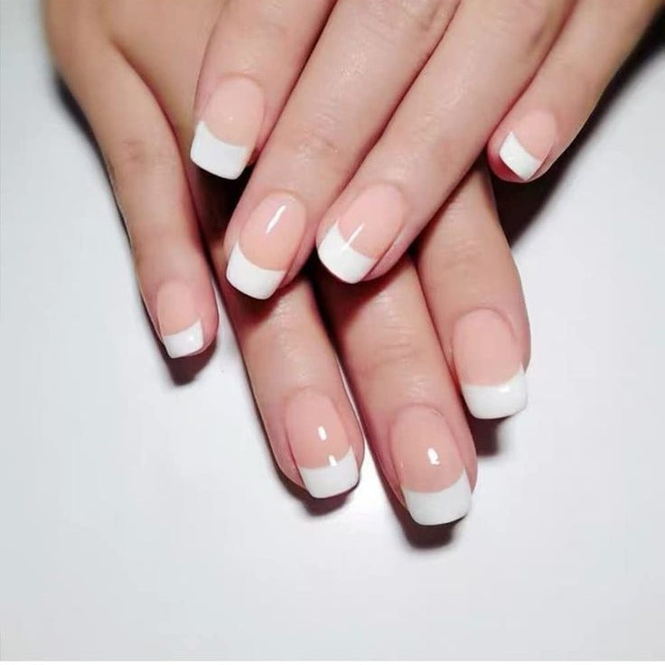 Elegant French Manicure Medium Squoval Square White Tip Gloss Finish Press On Nail Set