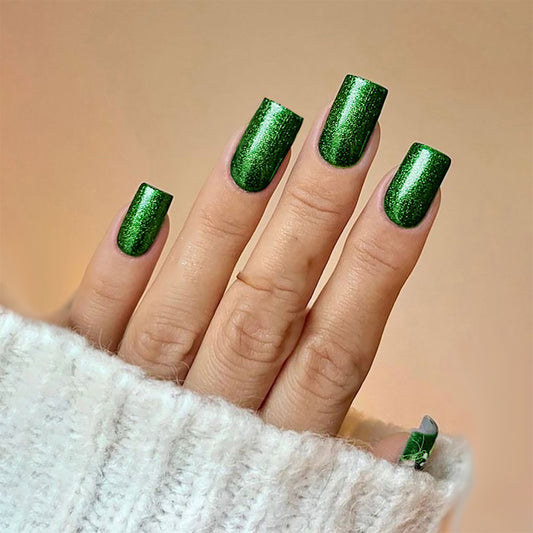 Emerald Enchantment Long Square Shape Green Glitter Press On Nail Set