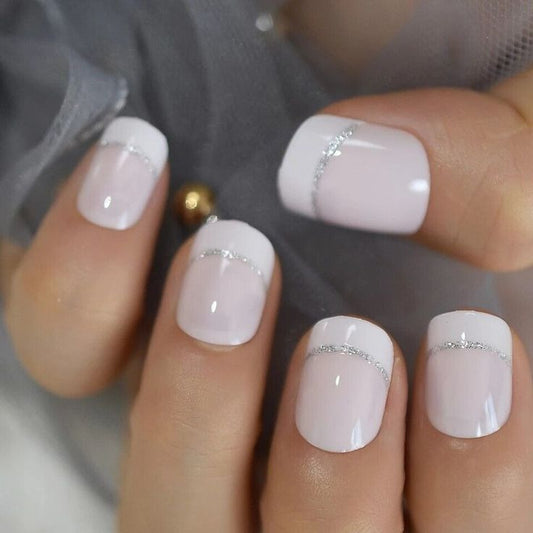 Elegant Bridal Collection Short Length Round Pale Pink Press On Nails with Glitter Accent Line