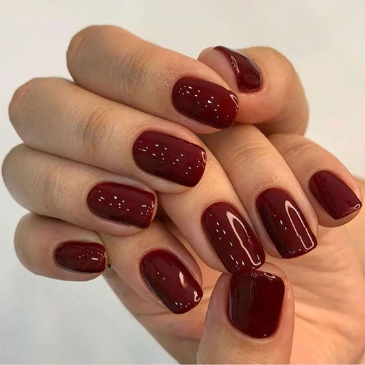 Elegant Bordeaux Long Square Press On Nail Set, Deep Red Glossy Finish with Glitter Accents