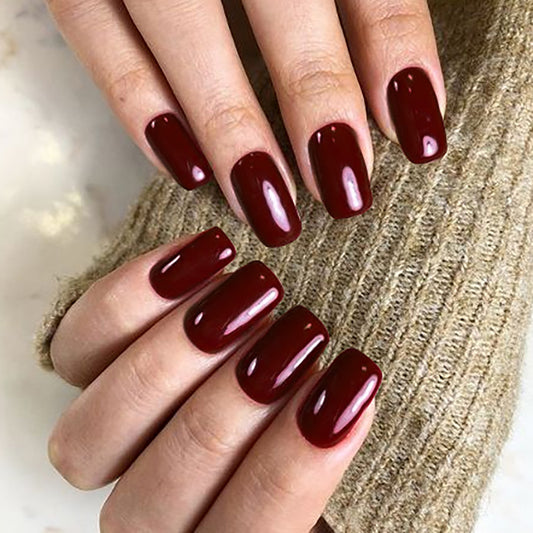 Elegant Burgundy Wine Long Squoval Press On Nail Set, Deep Red Full Coverage Glue-On Manicure Kit with Gloss Finish
