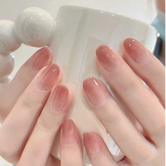 Elegant Simplicity Medium Oval Beige Pink Press On Nails with High Gloss Finish