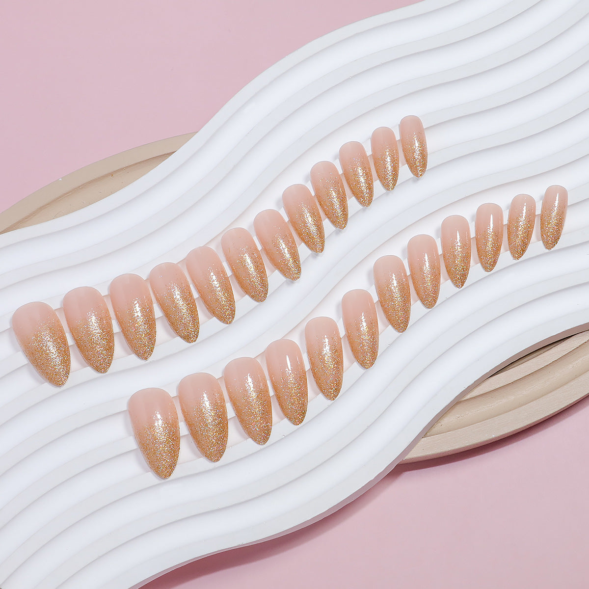 Glittering Gala Long Almond Beige and Gold Glitter Press On Nail Set