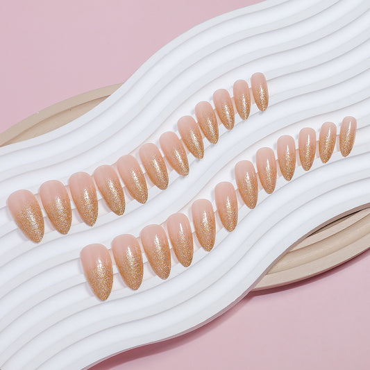 Glittering Gala Long Almond Beige and Gold Glitter Press On Nail Set