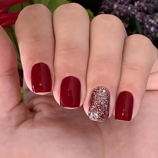 Glamour Night Long Square Burgundy Press On Nail Set with Glitter Accent Nail