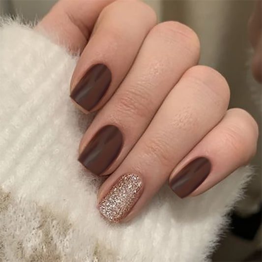 Autumn Elegance Long Square Chocolate Brown Press On Nail Set with Sparkling Accent Nail