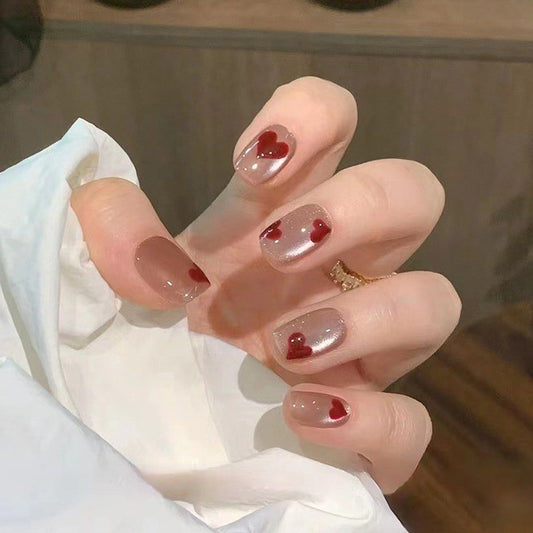 Valentine's Romance Medium-Length Squoval Beige Press On Nails with Red Heart Accents