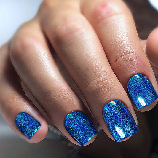 Starry Night Sparkle Ocean Blue Medium Square Glitter Press On Nail Set