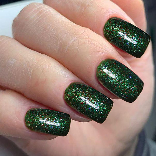 Emerald Enchantment Medium Square Sparkling Green Glitter Press On Nail Set