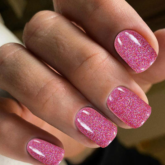 Enchanted Sparkle Pink Glitter Medium Length Square Press On Nail Set with High Shine Finish