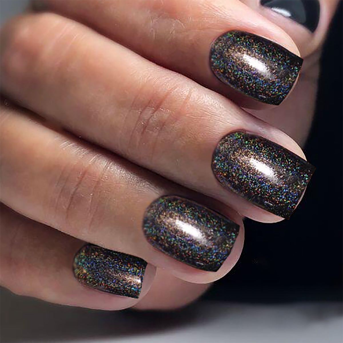 Cosmic Sparkle Medium Square Black Holographic Glitter Press On Nail Set
