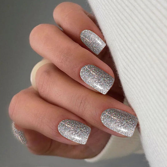 Starry Glamour Medium Length Square Silver Glitter Press On Nail Set