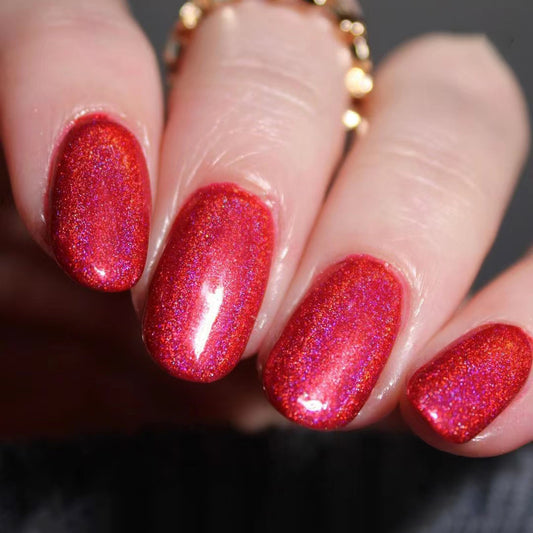 Enchanted Evening Medium Squoval Ruby Red Holographic Glitter Press On Nail Set