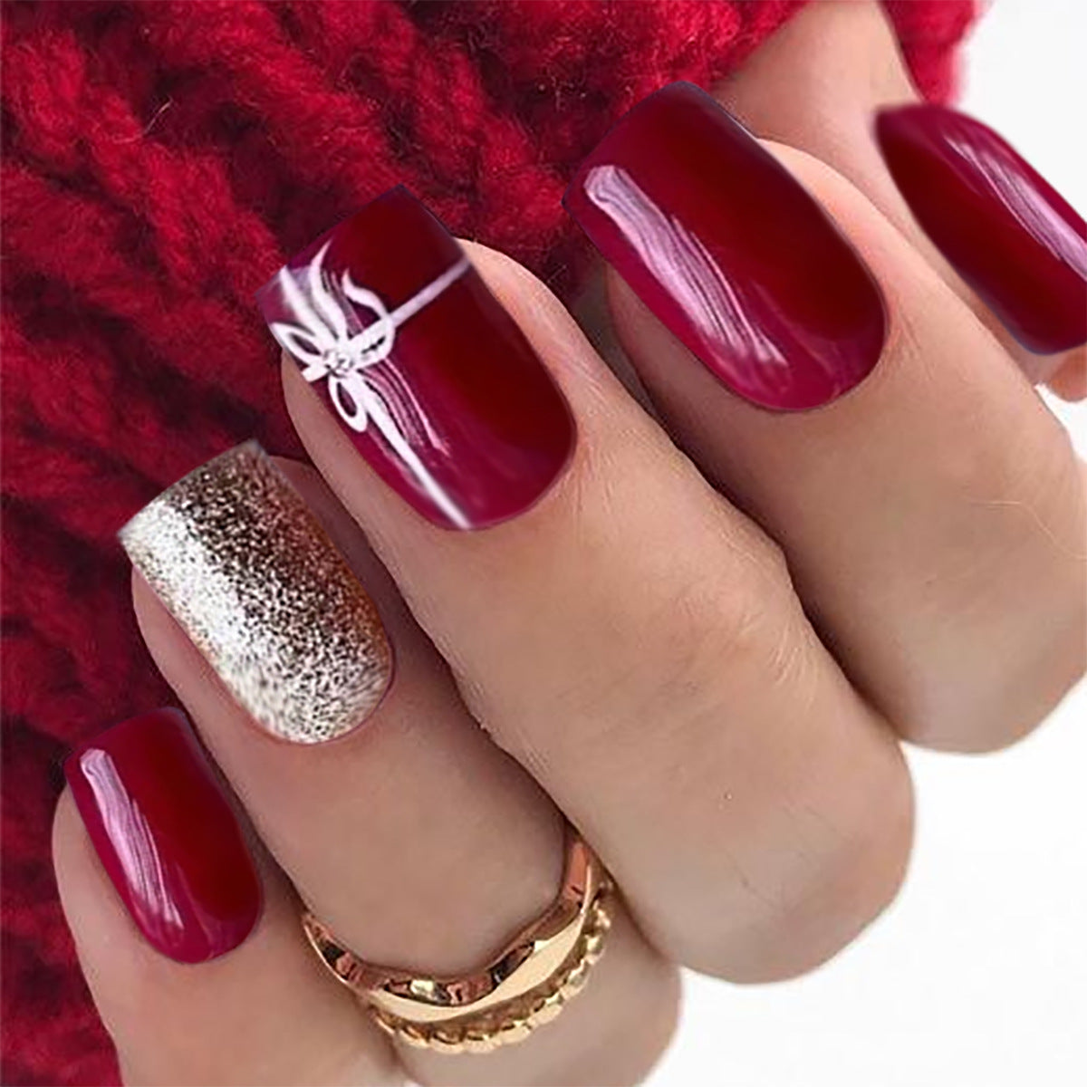 Glamorous Holiday Elegance Long Square Burgundy Press On Nails with Sparkling Accent Design