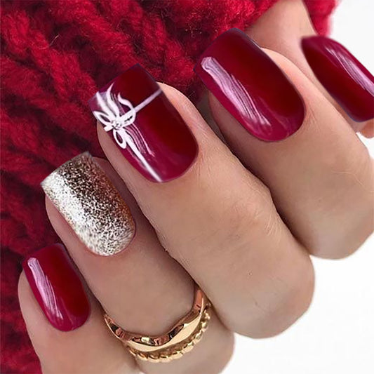 Glamorous Holiday Elegance Long Square Burgundy Press On Nails with Sparkling Accent Design