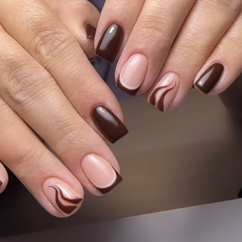 Elegant Caf≈Ω Latte Medium Square Press On Nail Set with Swirl Art Design in Mocha and Beige Shades