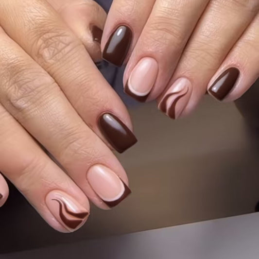 Elegant Caf≈Ω Latte Medium Square Press On Nail Set with Swirl Art Design in Mocha and Beige Shades