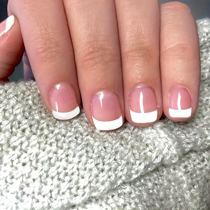 Elegant Affair Short Round French Tip Pink and White Press On Nail Set with Durable Adhesive Strip