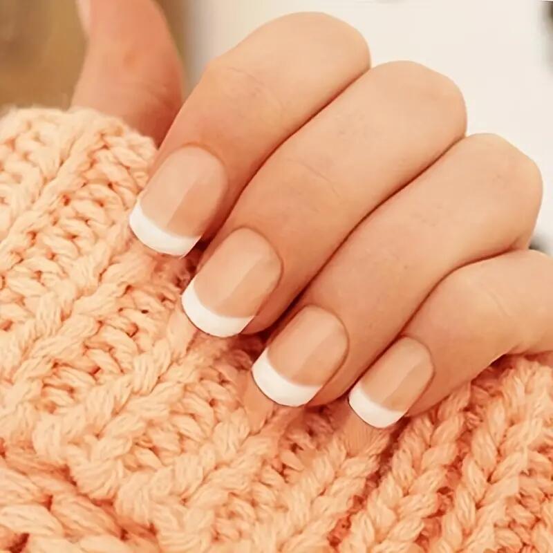 Elegant French Manicure Short Round Beige Press On Nails with White Tips and High-Gloss Finish Set
