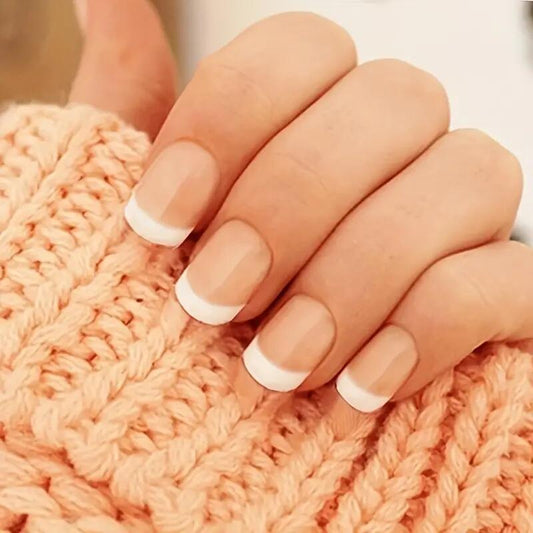 Elegant French Manicure Short Round Beige Press On Nails with White Tips and High-Gloss Finish Set
