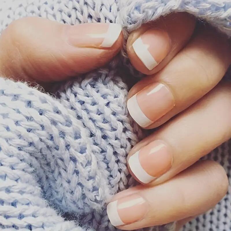 Elegant French Chic Short Squoval Beige Pink Press On Nail Set with White Tips and UV Glow Feature