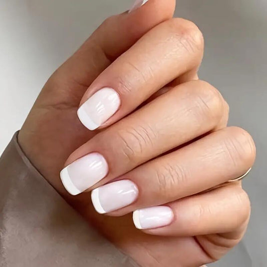 Elegant Bridal Medium-Length Squoval French Manicure Press On Nail Set, Classic White Tips with Glossy Finish
