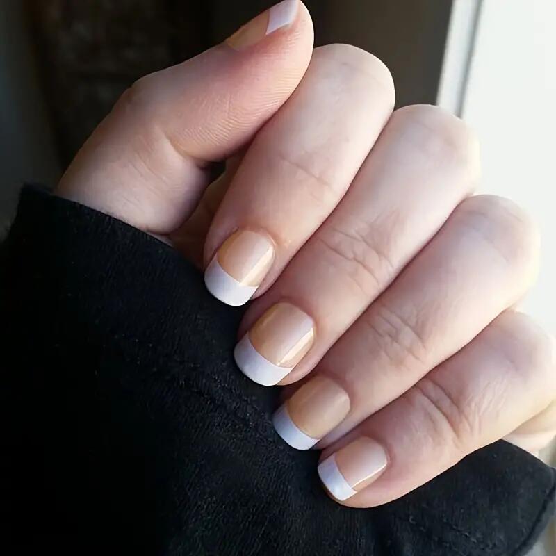 Elegant Chic Short Round Beige and White French Tip Press On Nail Set with Ultra Gloss Finish
