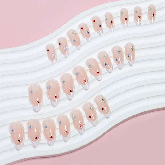 Summer Sparkle Medium Almond Beige Press On Nail Set with Colorful Rhinestone Accents