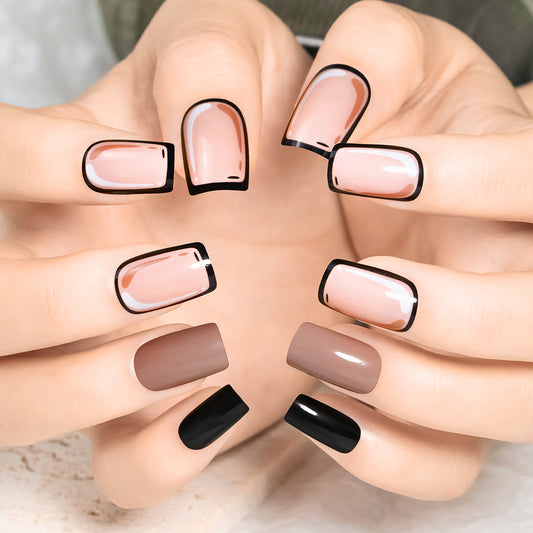 Elegant Affair Medium Square Beige and Black Press On Nail Set with Outline Detail