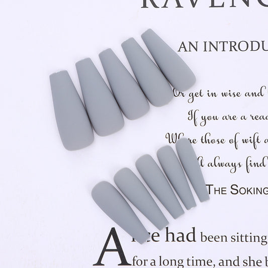 Elegant Matte Grey Long Coffin-Shaped Press-On Nails with Velvet Finish