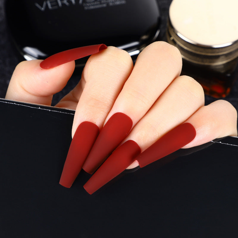 Elegant Evening Long Coffin Matte Burgundy Press On Nail Set with Easy Application