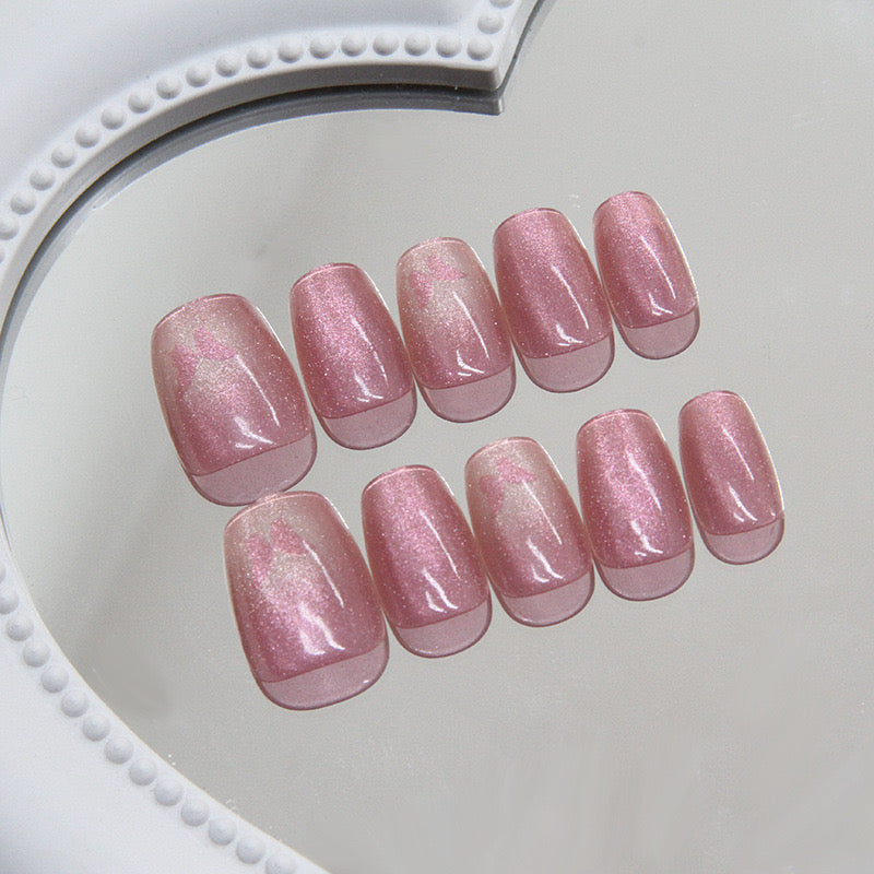 Fluttering Charm Short Square Pink Cat Eye Press-On Nails with Butterfly Accents and Shimmer Effect