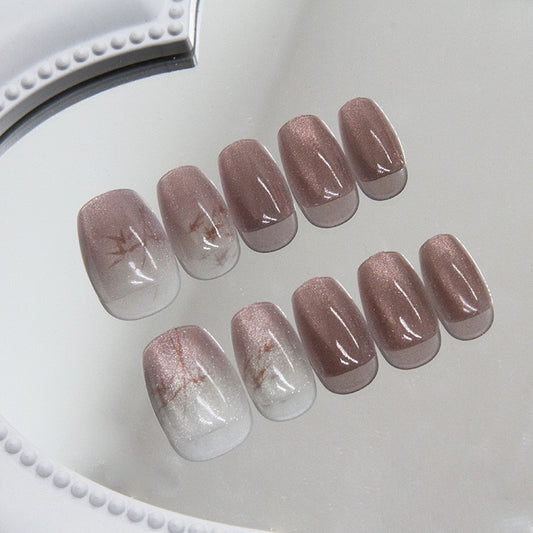 Tranquil Forest Short Square Mocha Cat Eye Press-On Nails with Bamboo Leaf Design and Glitter Accents