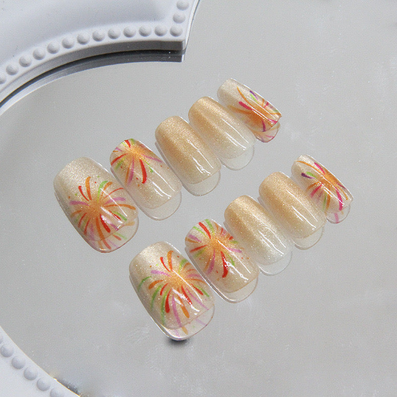 Festive Firework Short Square Gold Cat Eye Press-On Nails with Multicolor Explosion Design