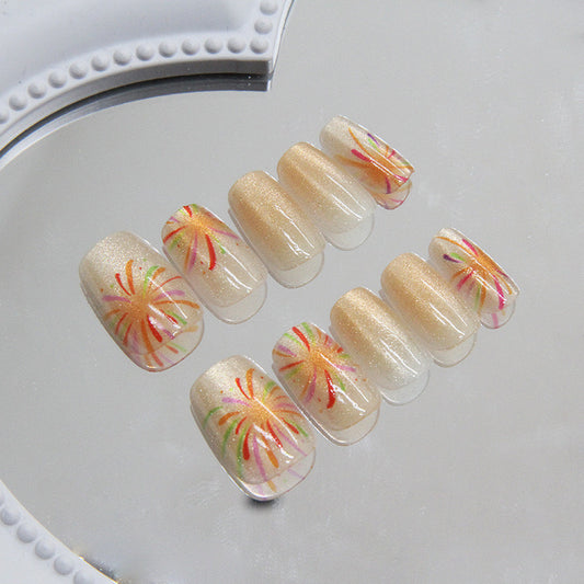 Festive Firework Short Square Gold Cat Eye Press-On Nails with Multicolor Explosion Design