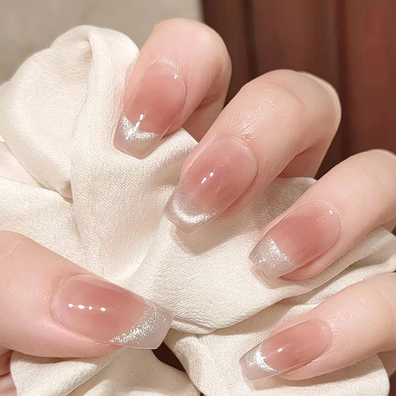 Natural Medium Length Coffin Beige Press-On Nails with Subtle Glitter Tips for Everyday Elegance