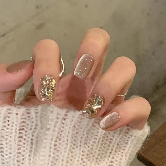 Crystal Elegance Medium Square Taupe Glitter Press-On Nail Set with Encased Gemstone Accents